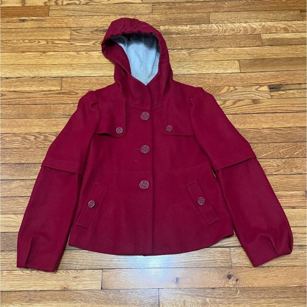 Elevenses Anthropologie Red Wool Coat Womens Size 6 Hooded Puff Sleeve Boho